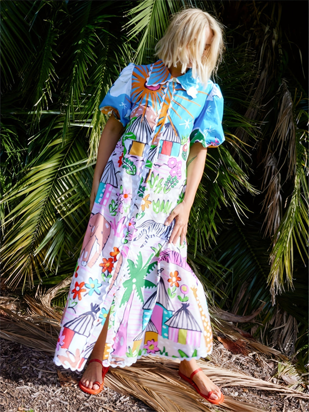 Printed Short Sleeve Button-Front Shirt Maxi Dress