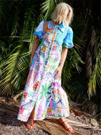 Printed Short Sleeve Button-Front Shirt Maxi Dress
