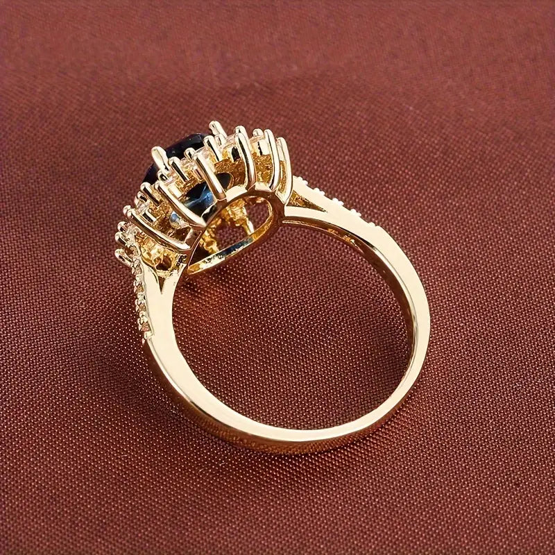 Sapphire-Look Gold-Tone Ring with Crystal Halo