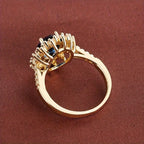 Sapphire-Look Gold-Tone Ring with Crystal Halo