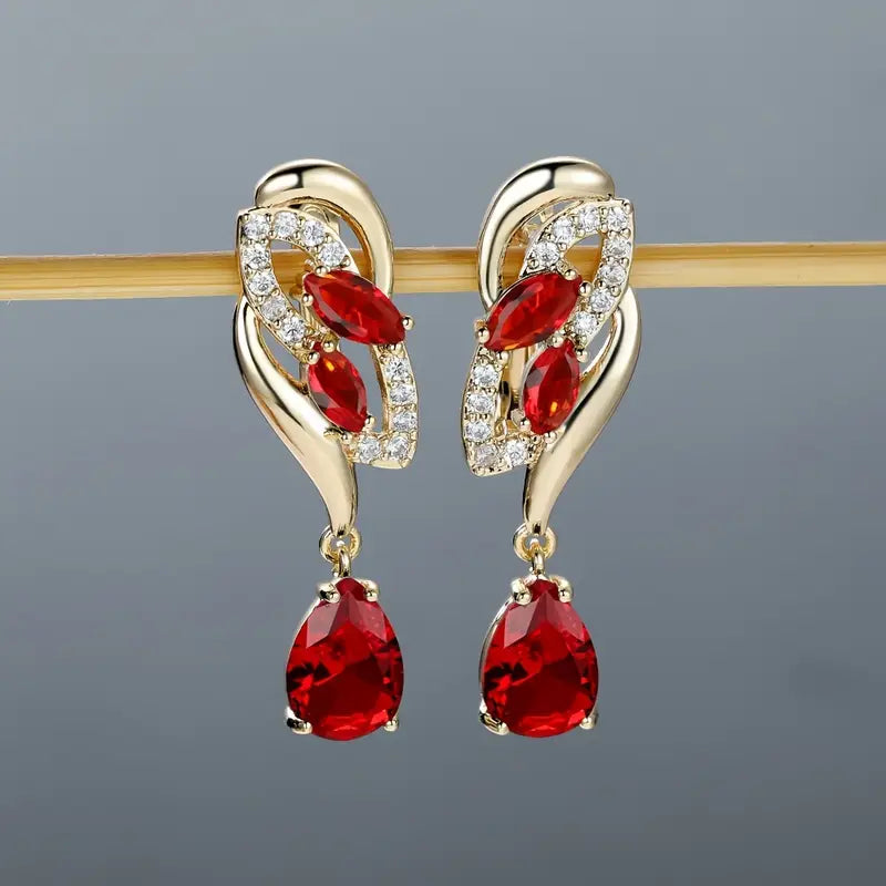 Red Stone Tulip Drop Earrings in Gold Tone