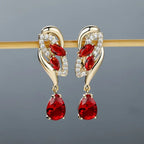 Red Stone Tulip Drop Earrings in Gold Tone
