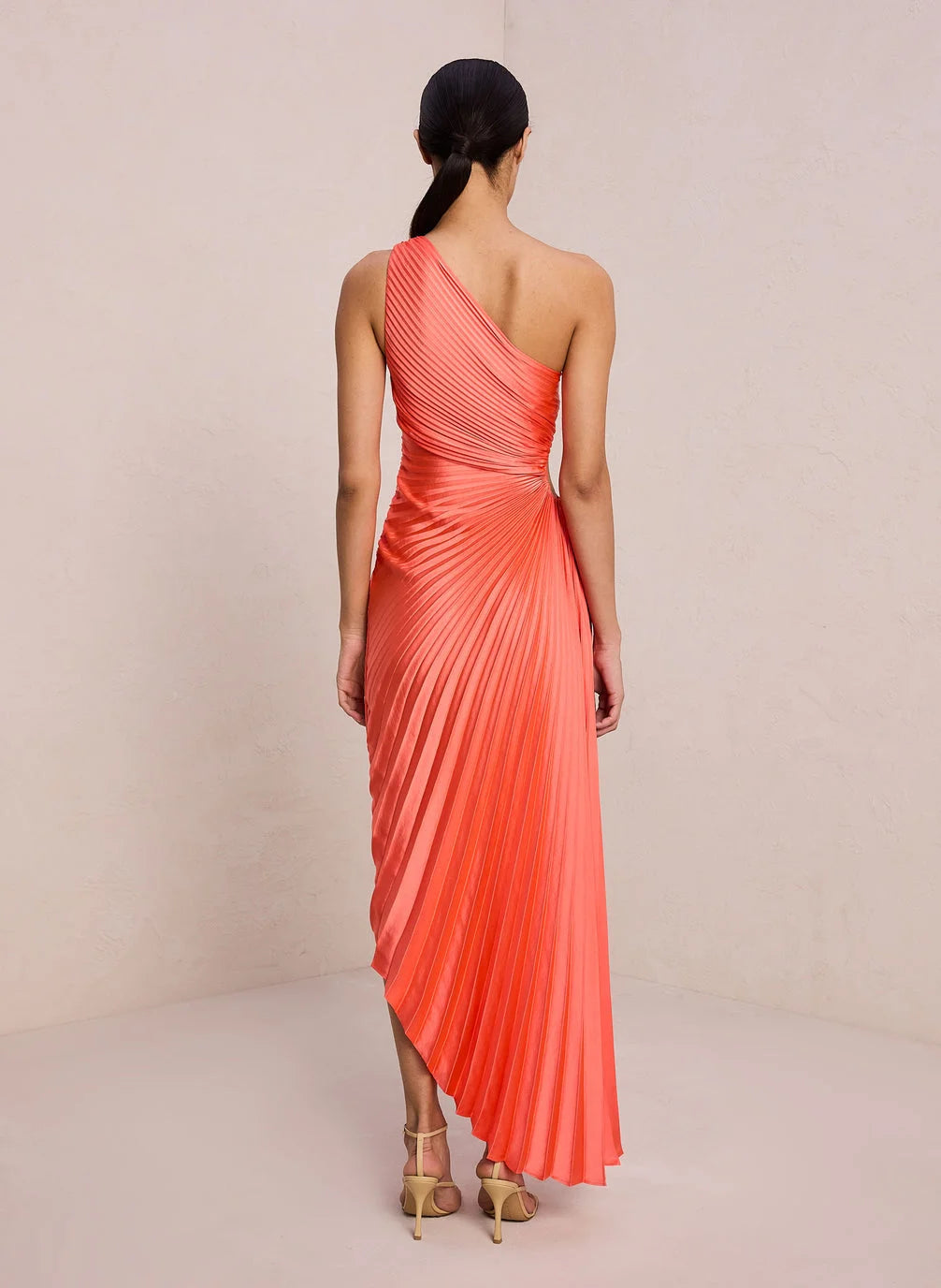 One-Shoulder Pleated Asymmetric Hem Maxi Dress