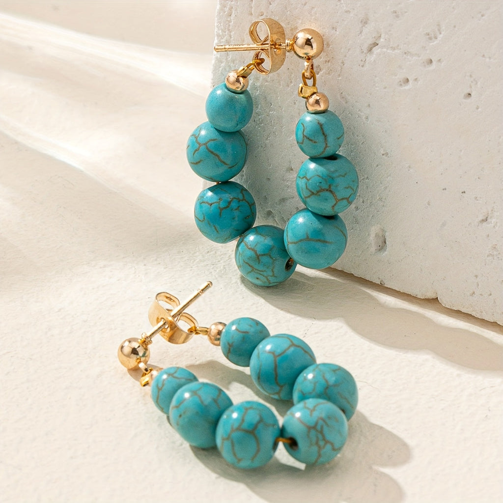 Boho Stone Bead Gold-Plated Hoop Earrings
