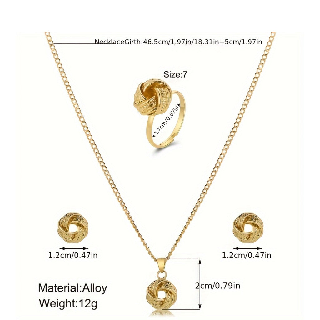 Hollow Knotted 3D Round Ring, Earrings and Necklace Set