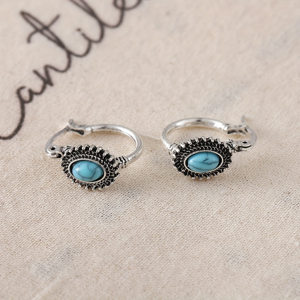 Turquoise Crest Hoop Earrings in White Gold Tone