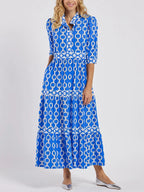 Chain-Link Print Blouson Sleeve Tiered Maxi Dress