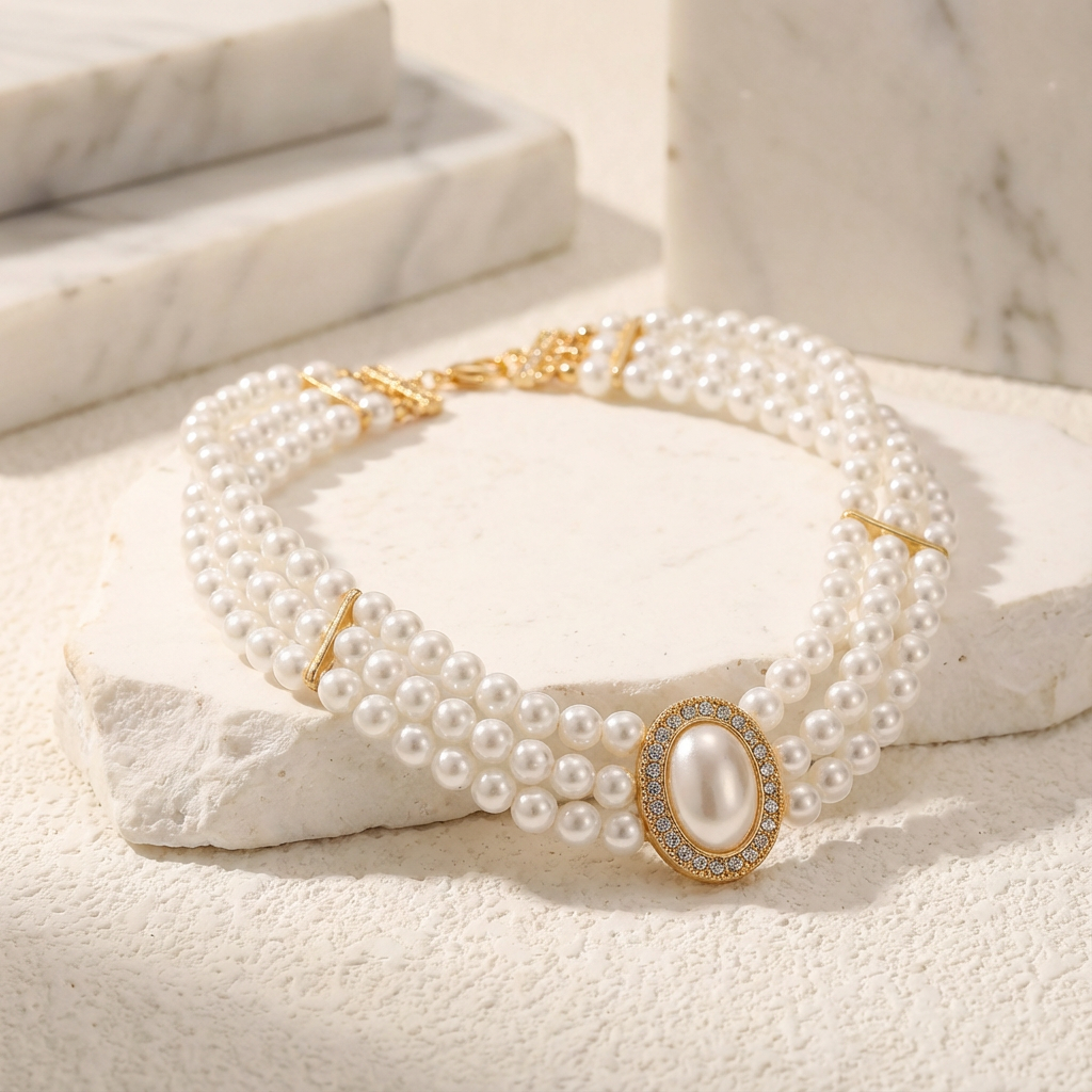 Triple-Strand Choker Necklace in Three Stones