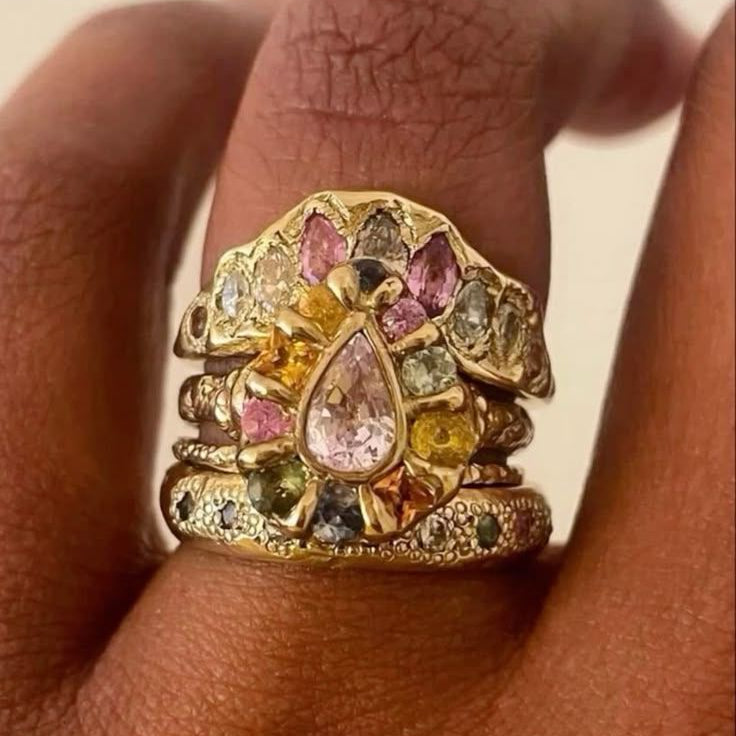 Cocktail Colourful Stone Forged Gold-Tone Ring
