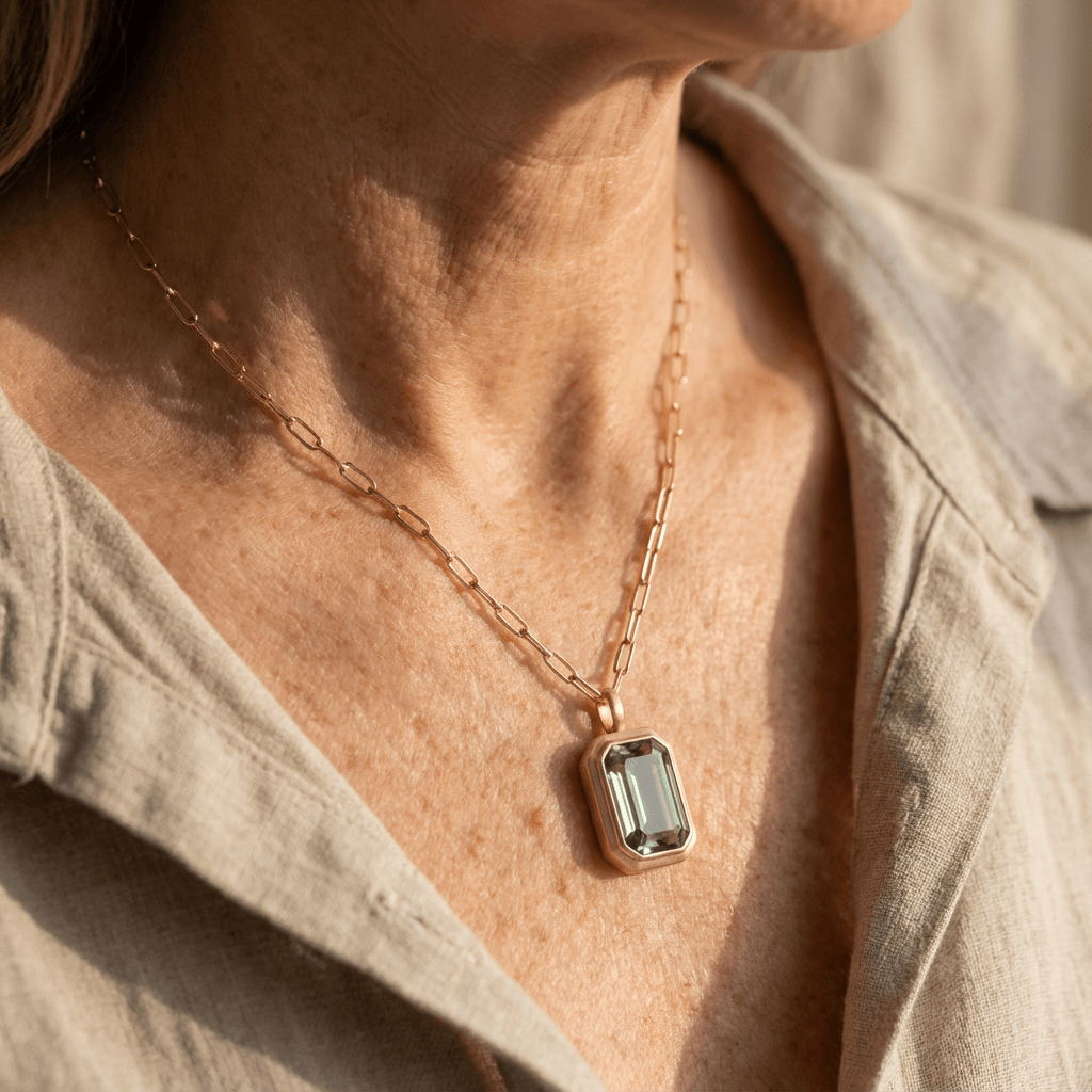 Pale Green Stone Pendant on Paperclip Chain