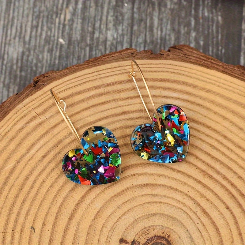 Vintage Resin Glitter Heart Pendant Earrings