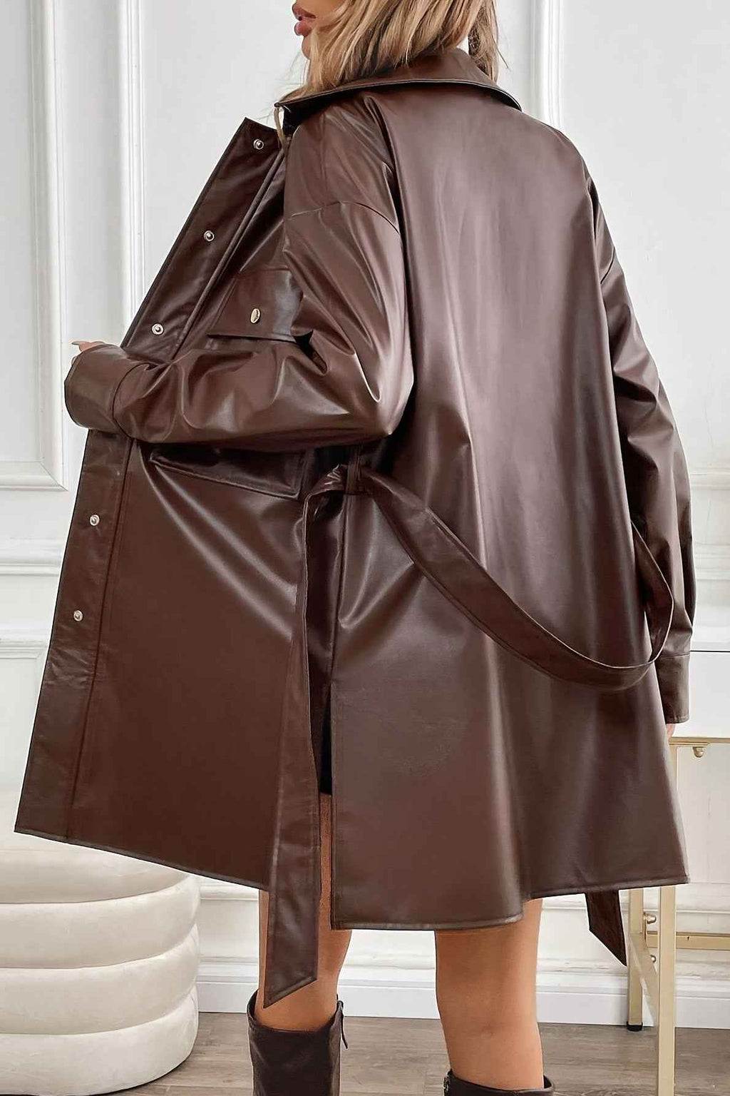 Mid Length Faux Leather Coat with Notched Collar and Belt