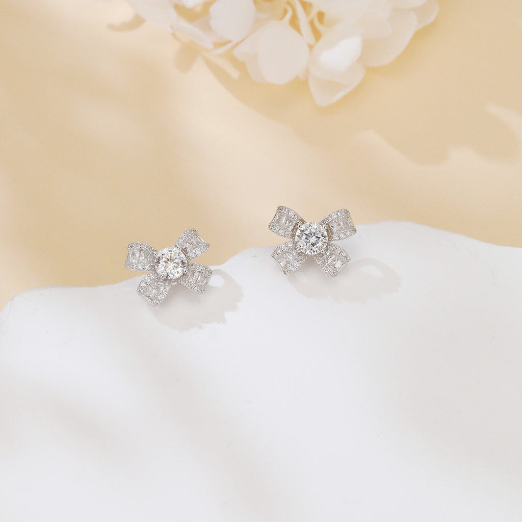 925 Sterling Silver Floral Moissanite Earrings with Round Centre Stone