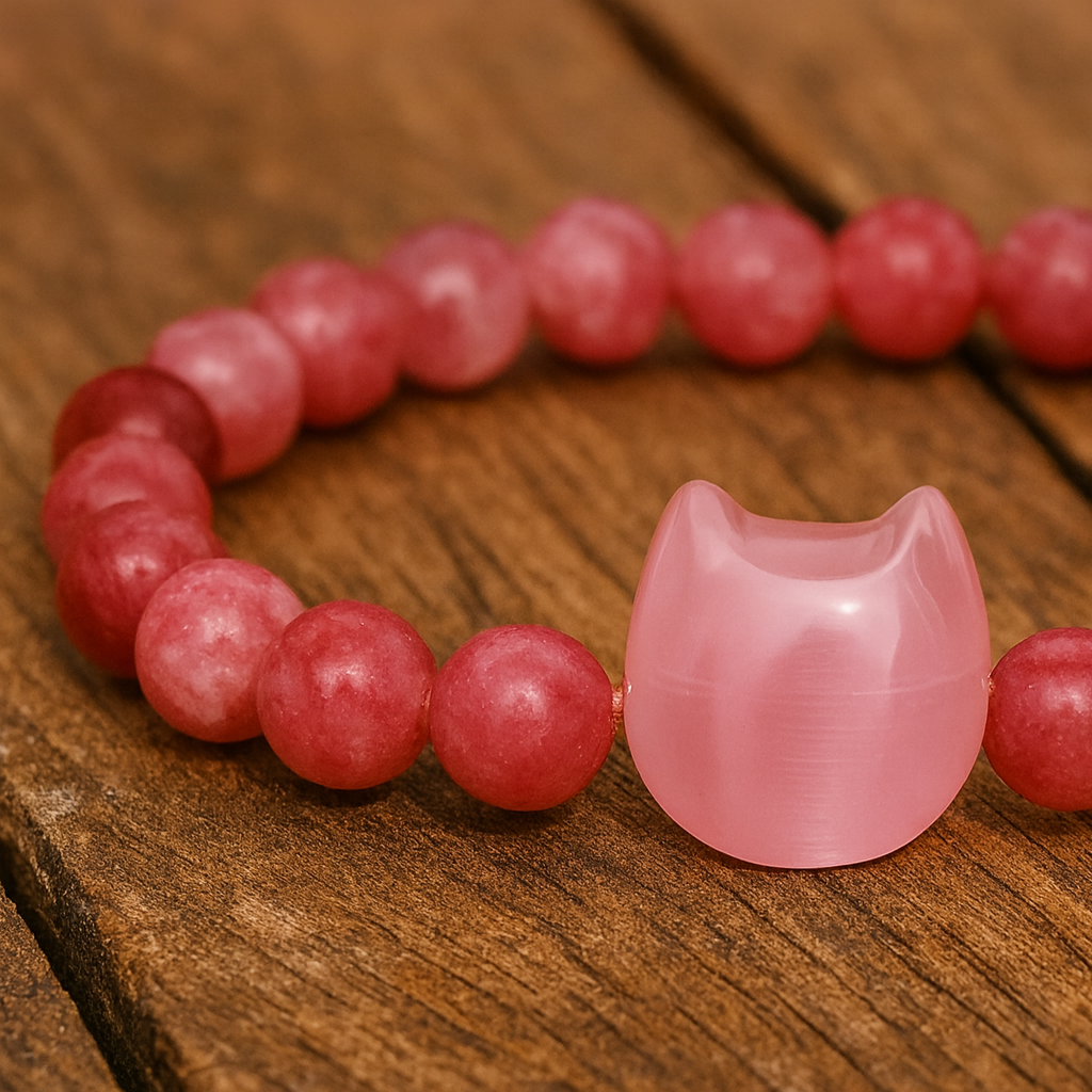 Pink Stone Bead Bracelet with Cat Charm