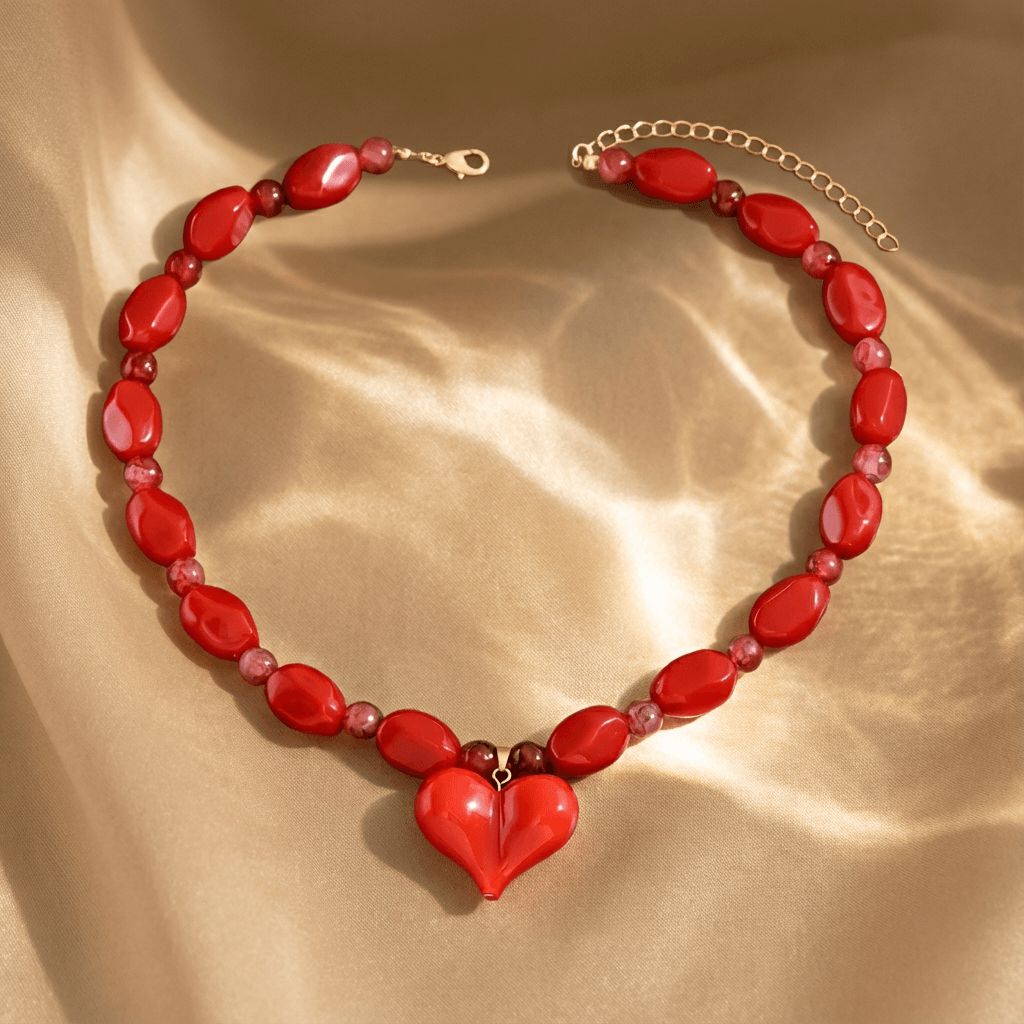 Ketting met hartvormige hanger van rode glaskralen