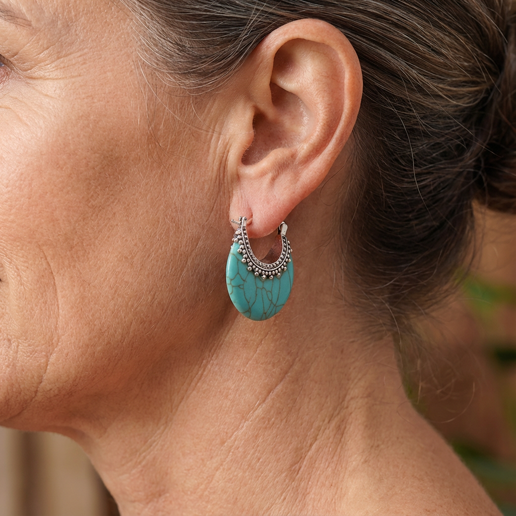 Turquoise Crescent Silver-Plated Hoop Earrings