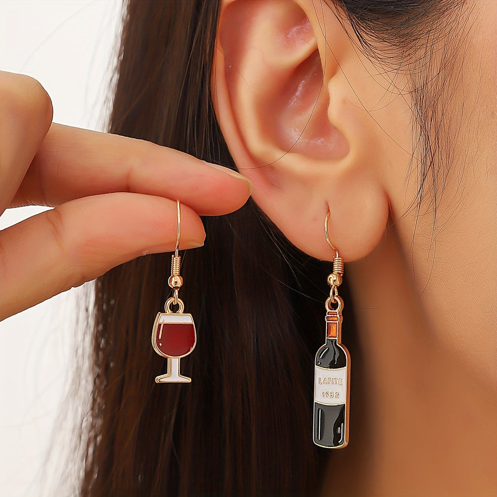 Asymmetric Wine Bottle and Glass Dangle Earrings