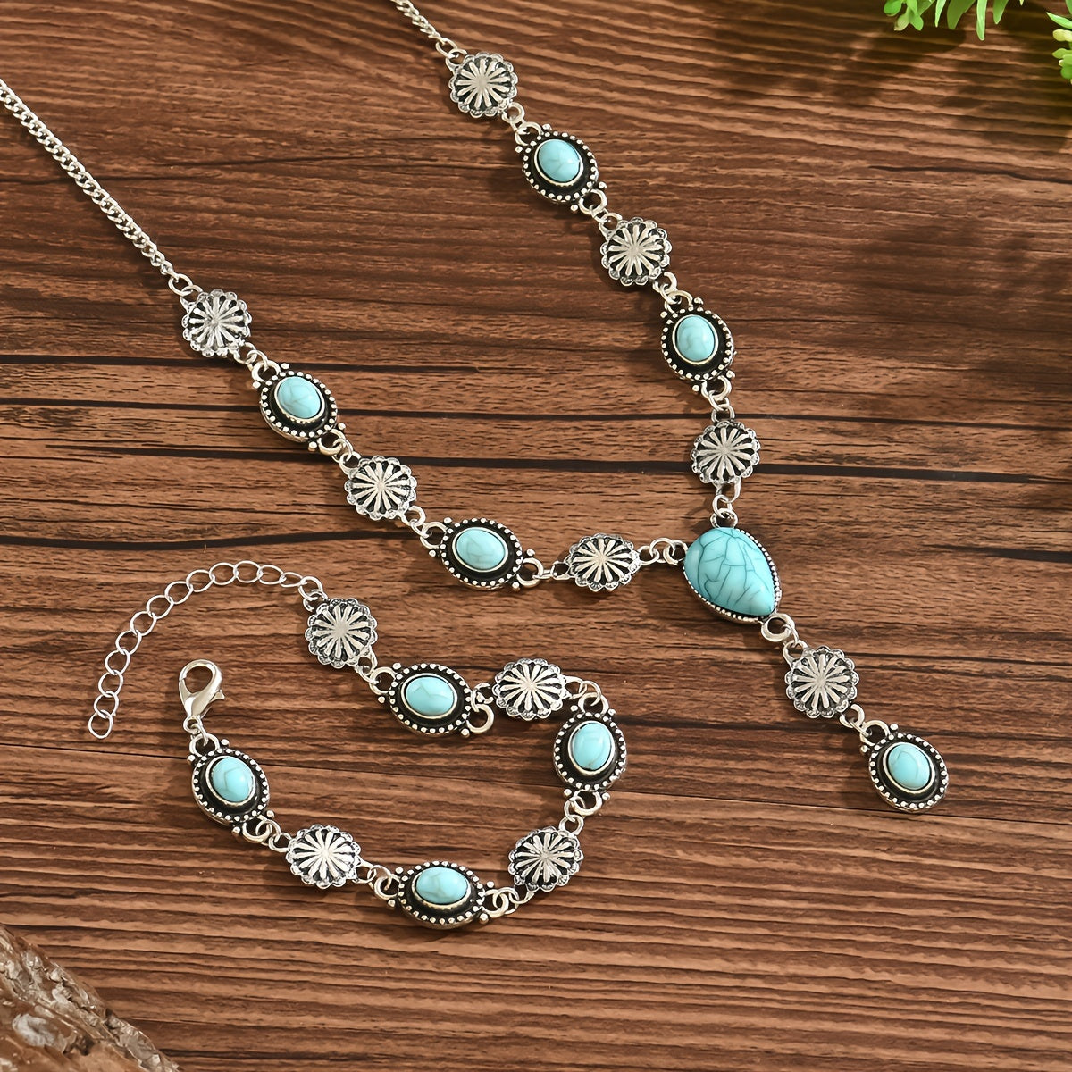 Bohemian Turquoise Floral Necklace and Bracelet Set