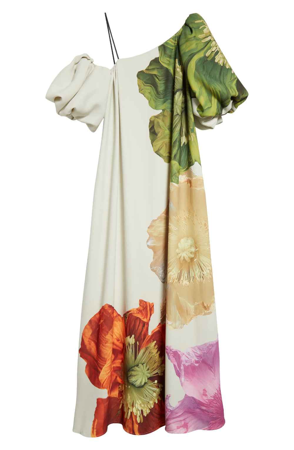 One-shoulder maxi-jurk van crêpe met bloemenprint en zakken