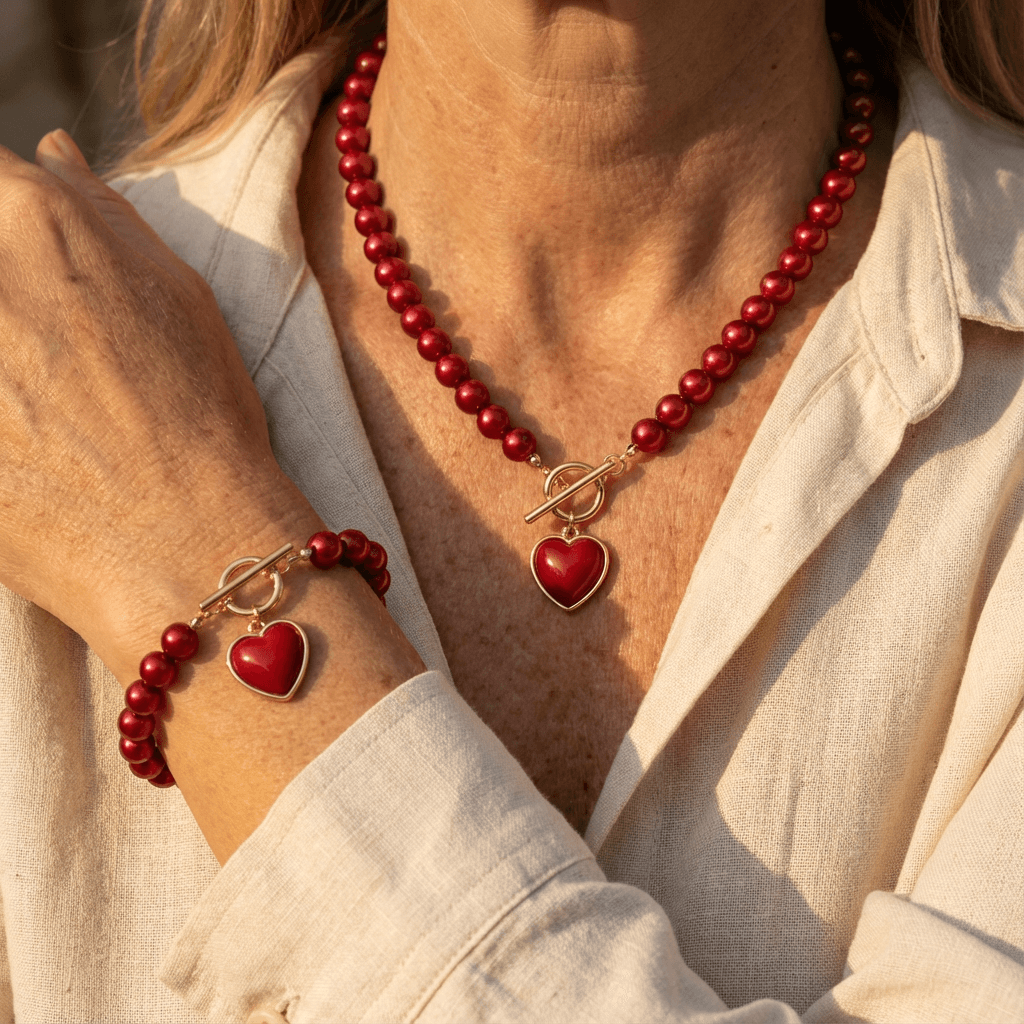 Red Acrylic Heart Necklace and Bracelet Set