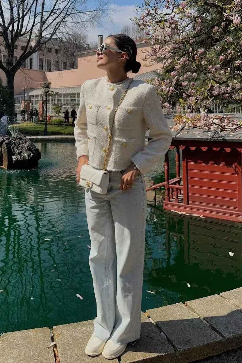 Slim Fit Tweed Style Short Coat with Contrast Trim Detail