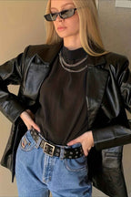 Loose-Fit Faux Leather Blazer with a Notched Collar