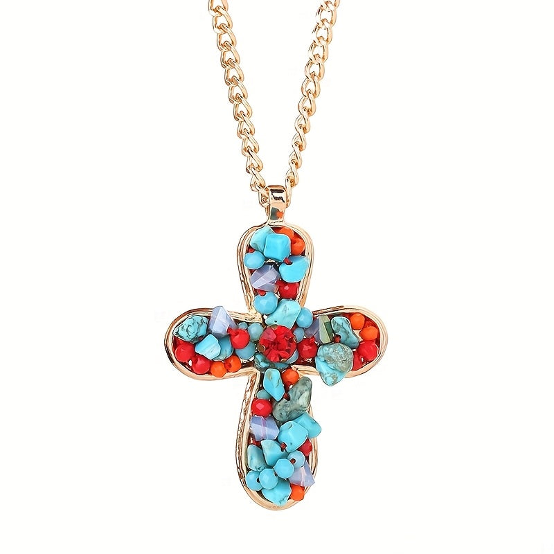 Bohemian Colourful Turquoise Cross Pendant Necklace