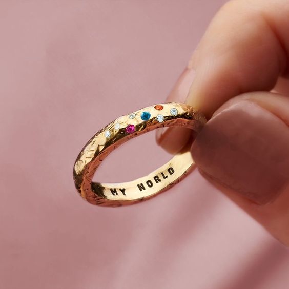 Slim Gold-Tone Ring with Engraved Band and Tiny Crystals