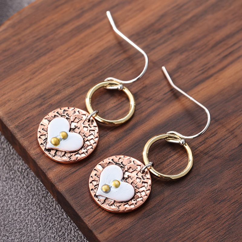 Rustic Textured Mixed-Metal Circle and Heart Dangle Earrings