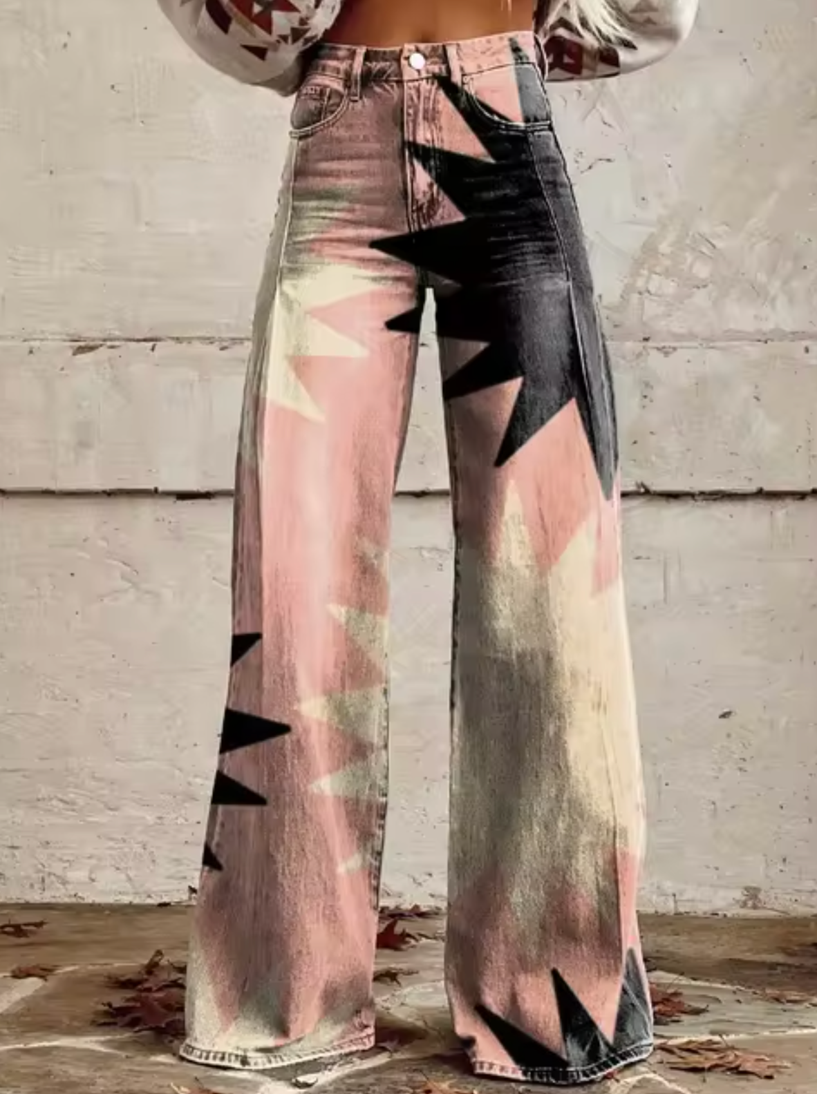 Broek met print, wijde pijpen, hoge taille en retro uitstraling