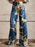Broek met print, wijde pijpen, hoge taille en retro uitstraling