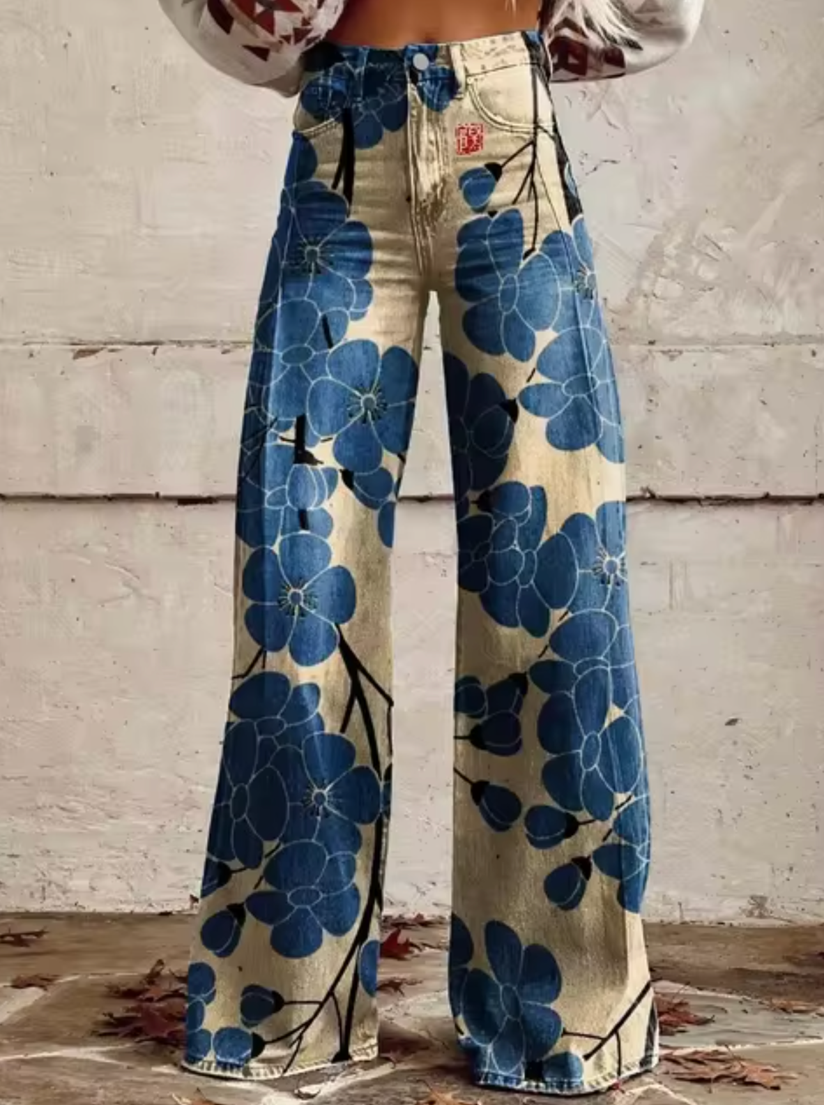 Broek met print, wijde pijpen, hoge taille en retro uitstraling