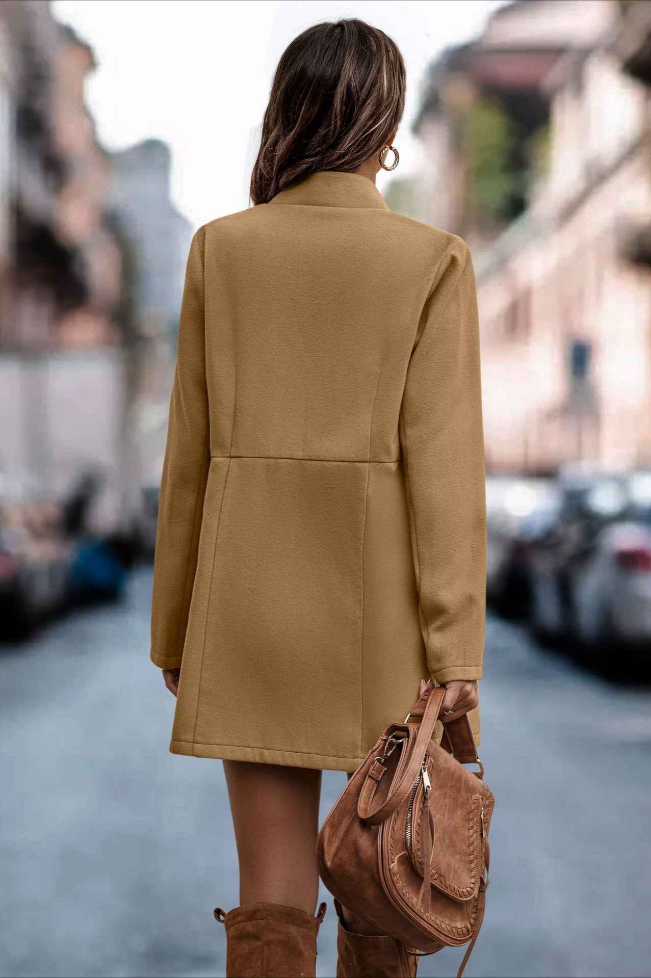 Longline Cotton Coat with a Stand Collar and Slim Cut