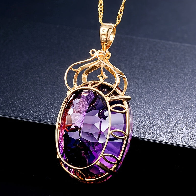 Purple Synthetic Zirconia Inlaid Oval Pendant Necklace