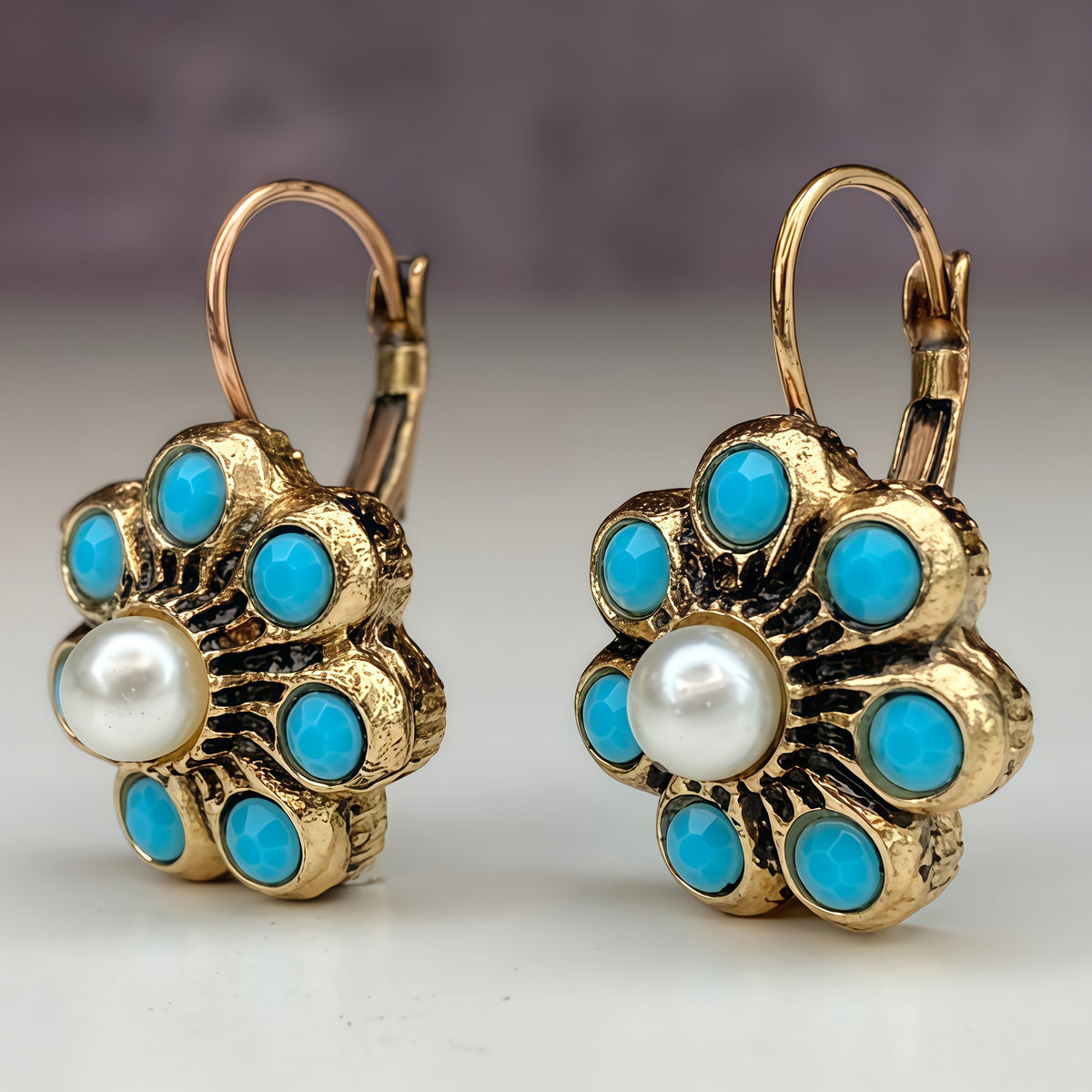 Vintage Turquoise and Pearl Flower Earrings