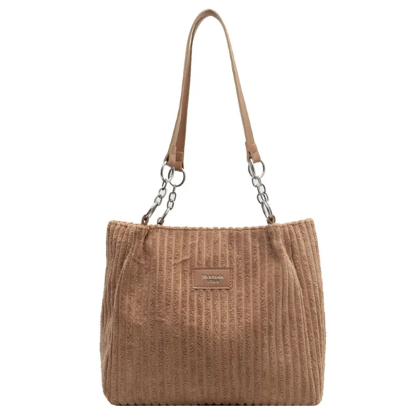 Corduroy Shoulder Tote Bag with Zip Closure