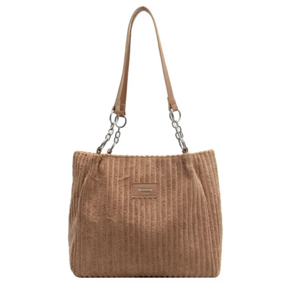 Corduroy Shoulder Tote Bag with Zip Closure