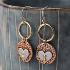 Rustic Textured Mixed-Metal Circle and Heart Dangle Earrings