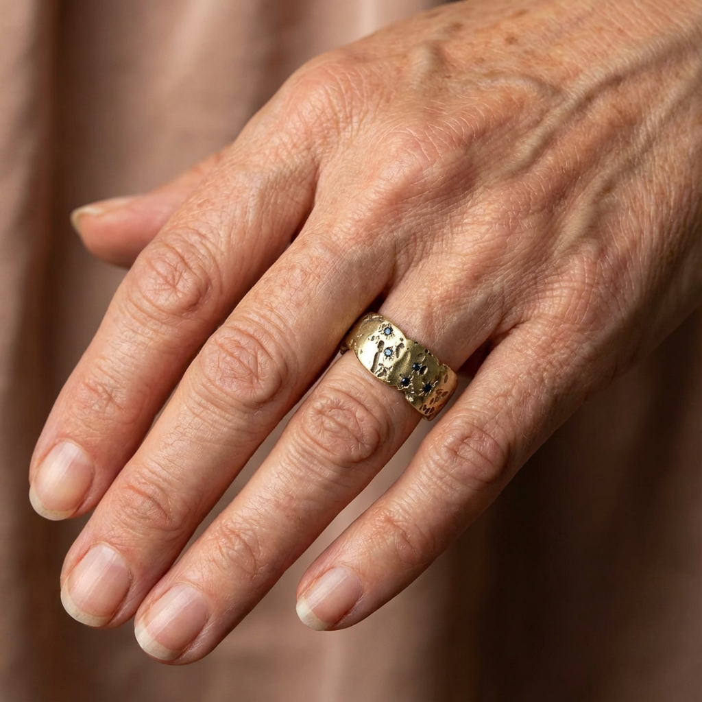 Vintage-Style Gold-Tone Forged Ring with Blue Crystal Accents