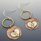Rustic Textured Mixed-Metal Circle and Heart Dangle Earrings