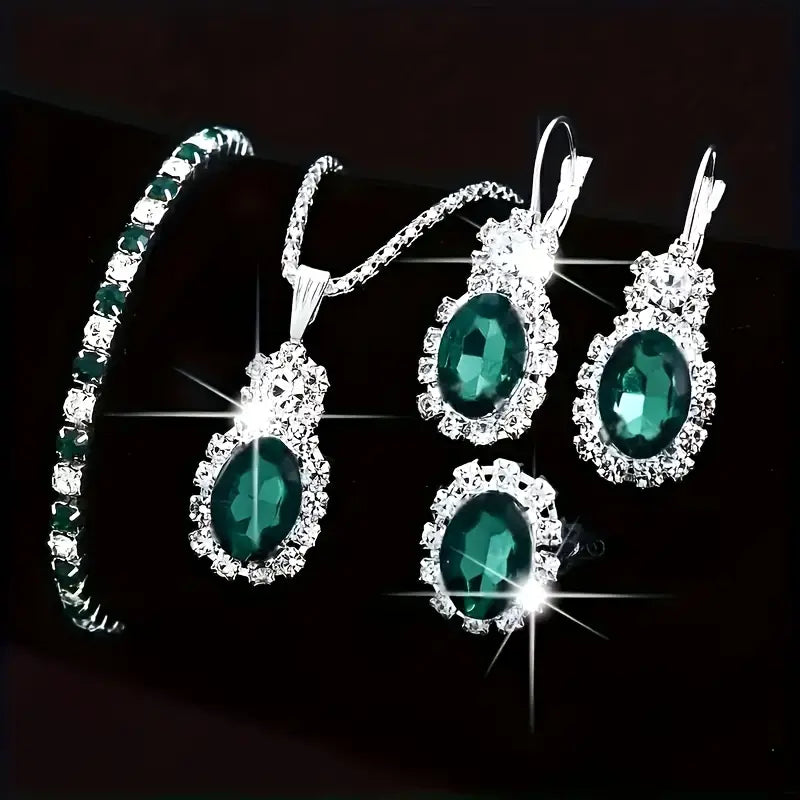 Green Stone Halo Necklace, Earrings and Ring Set in White Gold Tone