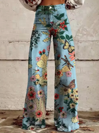 Broek met print, wijde pijpen, hoge taille en retro uitstraling