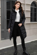 Hooded Longline Padded Jacket with Concealed Button Front