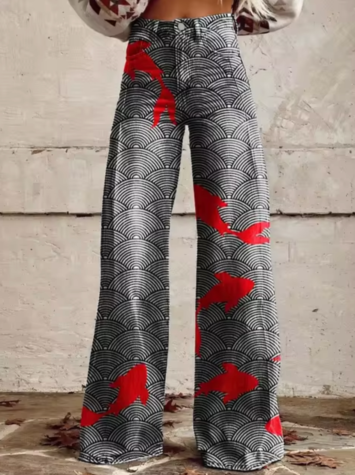 Broek met print, wijde pijpen, hoge taille en retro uitstraling