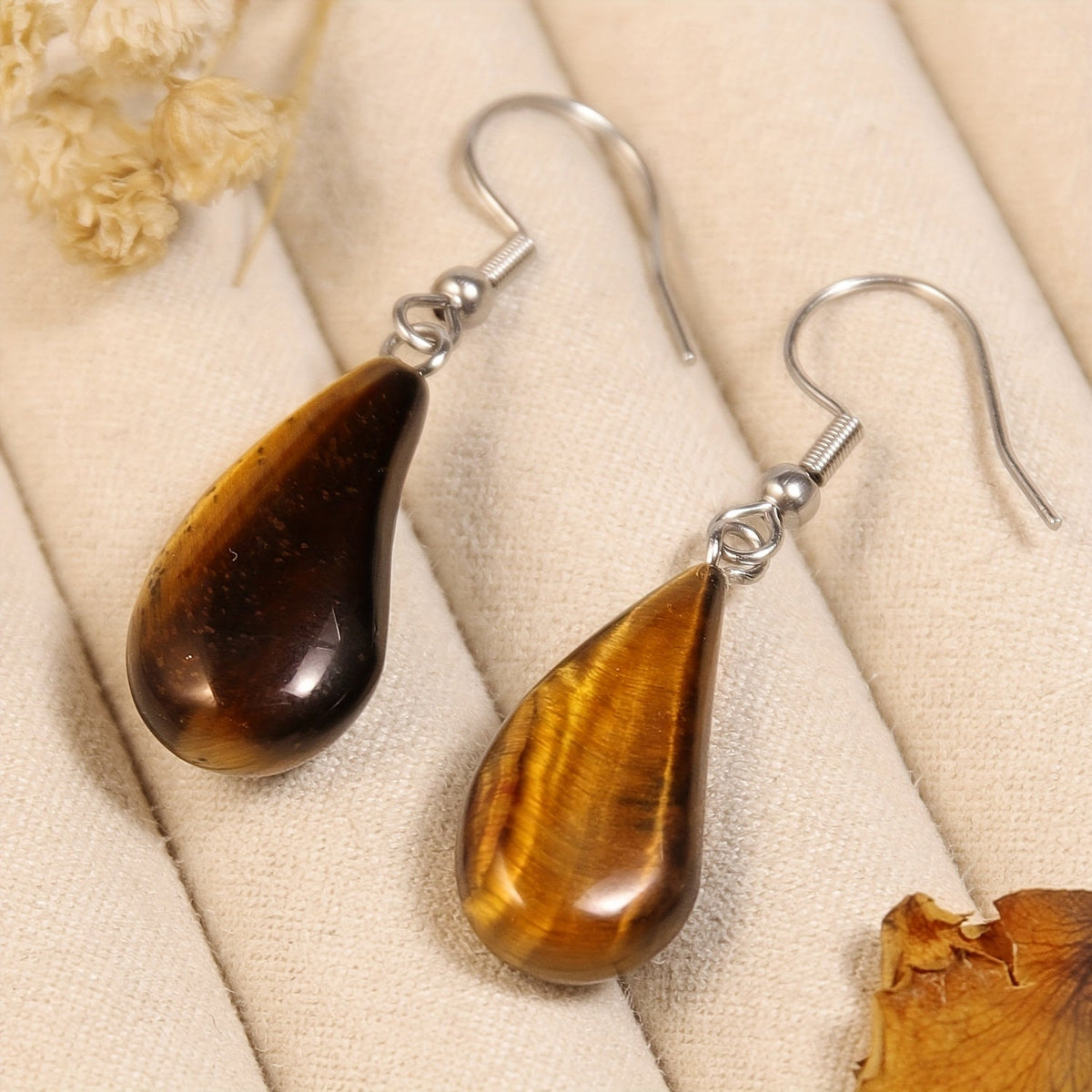 Water Drop Stone Earrings in Tiger's Eye or Quartz