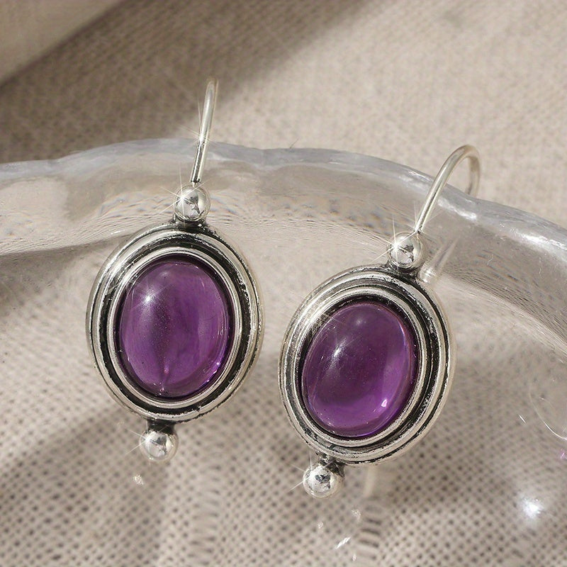 Vintage Boho Purple Gemstone-Look Silver-Plated Drop Earrings