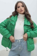 Quilted Hooded Jacket with High Collar and Drawstring Hem