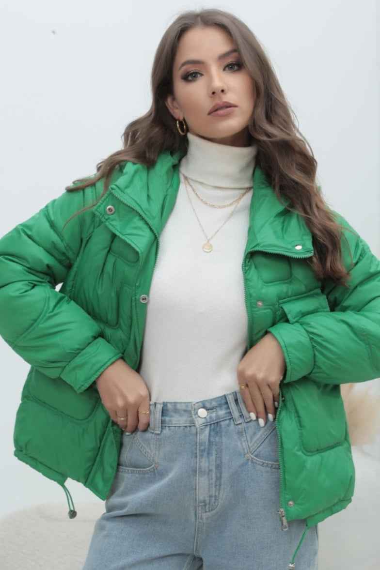 Quilted Hooded Jacket with High Collar and Drawstring Hem