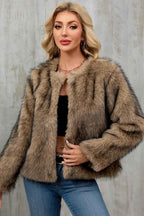 Cropped Plush Cardigan with Crew Neck and Long Sleeves