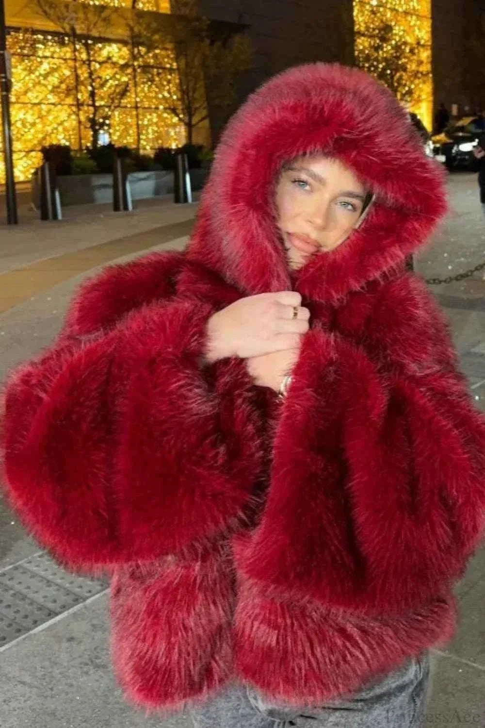 Faux Fur Hooded Coat with Cropped Length and Soft Pile